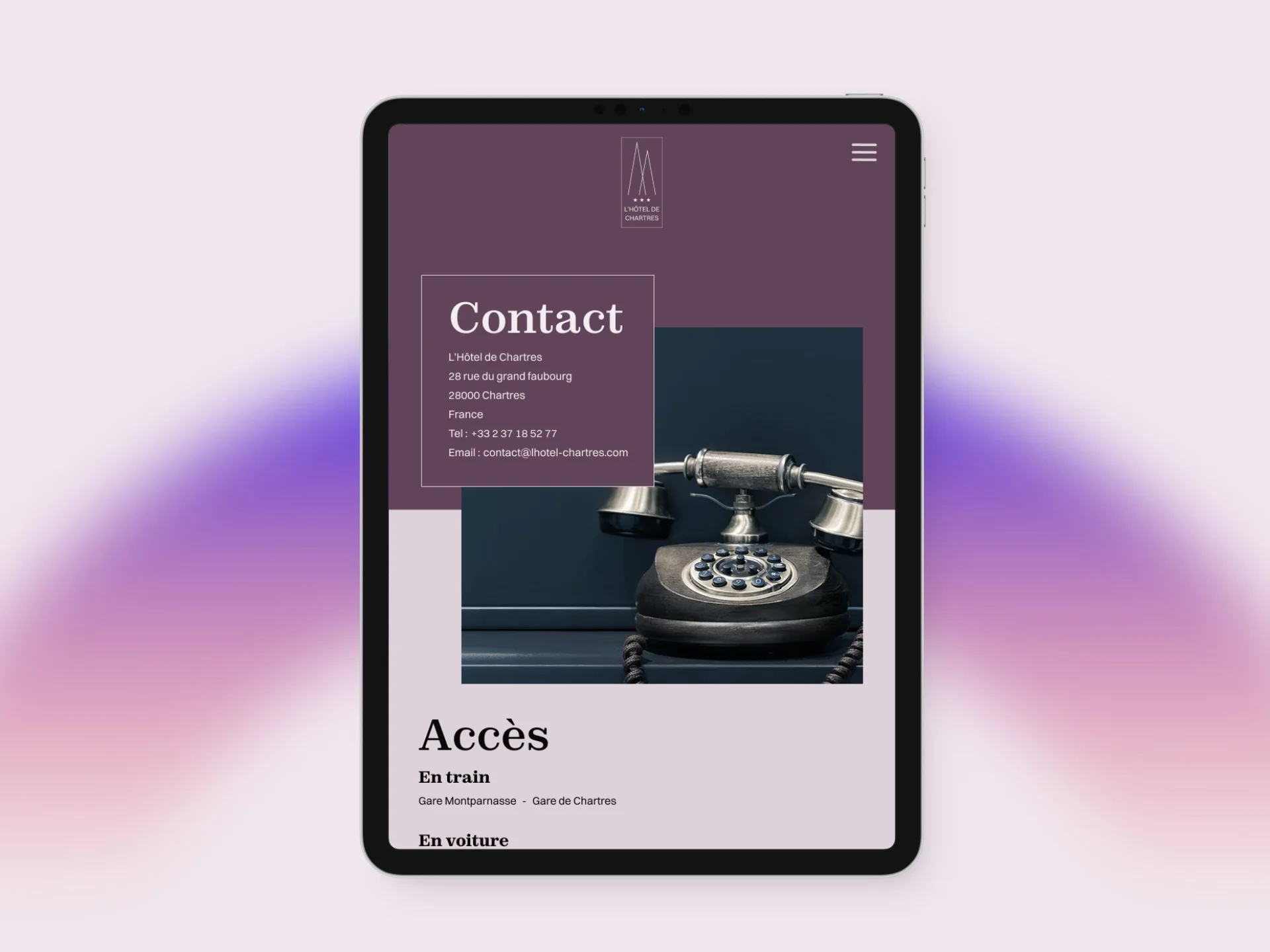 Capture d'écran de la page contact du site de l'Hôtel de Chartres