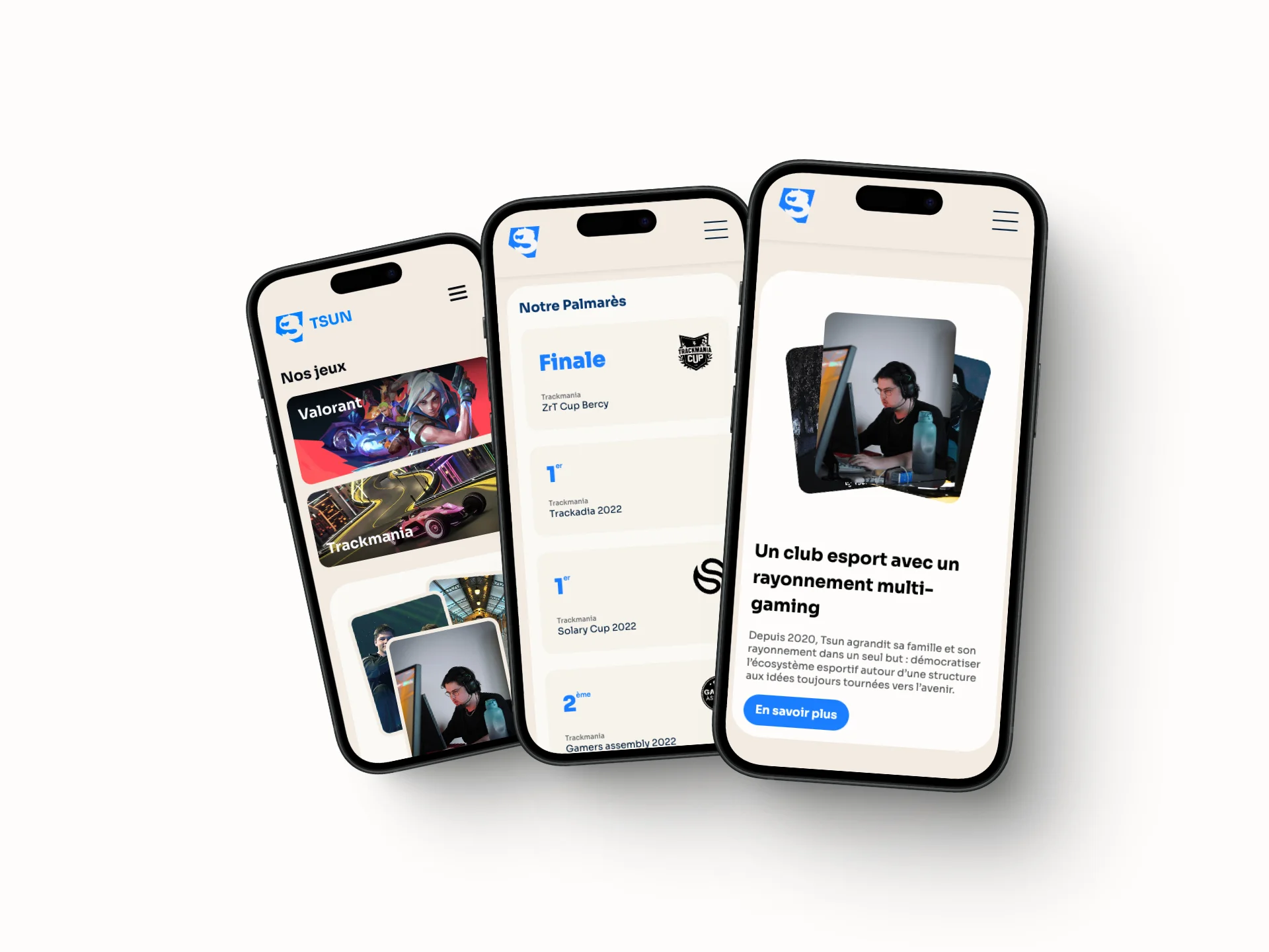3 captures d'écran en version mobile du site de TSUN Esport